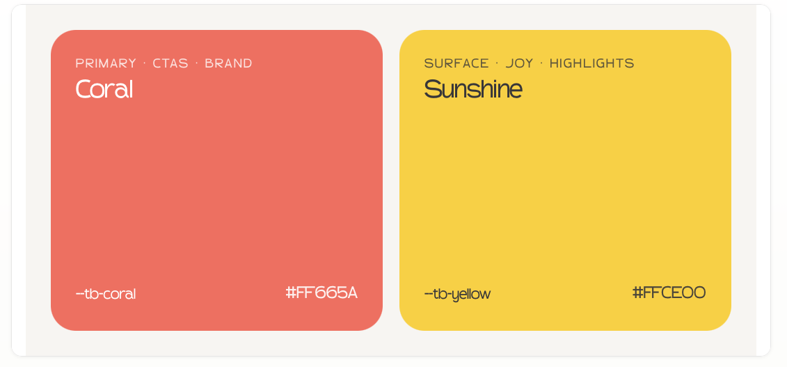 Dúo de marca Coral y Sunshine con sus códigos hex